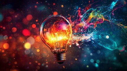 Glowing light bulb with swirling colorful sparks