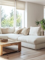 Fototapeta premium Spacious modern lounge with big sofa and wooden coffee table