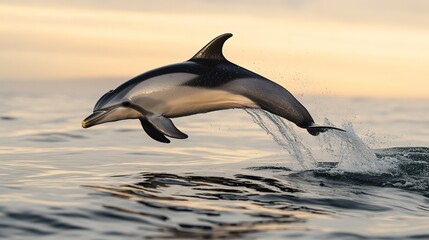 Obraz premium minimalistic stock photo of dolphin leaping gracefully above ocean surface with setting sun casting golden glow over