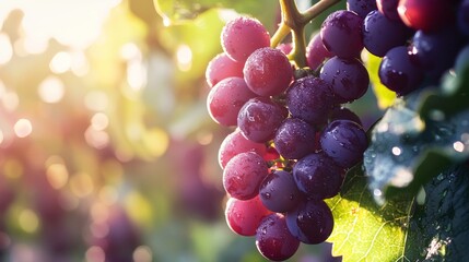 Cluster of fresh purple grapes with dewdrops