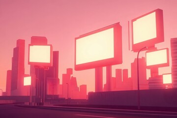 Obraz premium Futuristic Urban Cityscape with Glowing Billboards and Vivid Colors Captured in Flat Design Illustration at Sunset