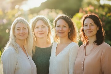portrait of diverse group of women standing together outdoors with bright blurred garden background