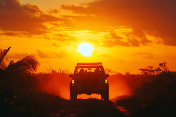 Fototapeta premium Off-road vehicle driving into the sunset on a dusty trail, symbolizing adventure, freedom, exploration, and the spirit of the journey. Perfect for travel and outdoor adventure themes