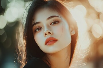 Fototapeta premium portrait of woman with bold matte lip and shimmering highlighter under soft natural light and blurred background