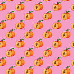 Apricot fruit flat seamless pattern on pink background. Wrapping paper, gift card, poster, banner design. Home decor, modern textile print. Summer bright geometric fruits patterned.