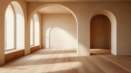 Fototapeta premium Minimalist Room with Arched Windows and Wooden Floor