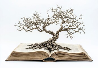 An open book with an ancient tree growing from its pages, symbolizing the timeless wisdom and knowledge found within books.. -