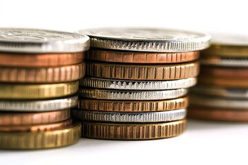 stock photo of stack of coins on white background perfect for financial concepts with copy space