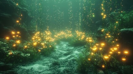 Obraz premium Magical underwater path glowing with bioluminescent plants.