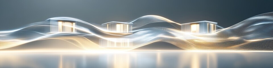 Fototapeta premium clean abstract wave of glowing sustainable housing concepts projected mid-air in futuristic setting