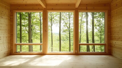 Fototapeta premium clean and serene interior of sustainable wooden cabin with large showcasing green forest view