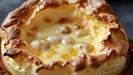 Delicately risen cheese soufflé with a golden crust, baked to perfection in a dramatic and rustic presentation.