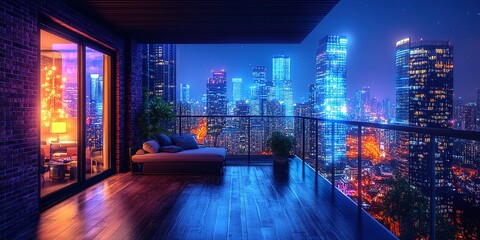 Obraz premium Vibrant city skyline view from a modern balcony at night showcasing glowing skyscrapers and urban nightlife