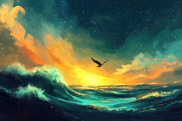 Fototapeta premium Sunset Ocean Scene With A Lone Bird In Flight