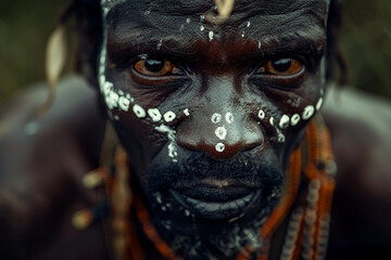 Close up portrait of a mature african man with striking tribal face paint and traditional beaded necklace generative AI