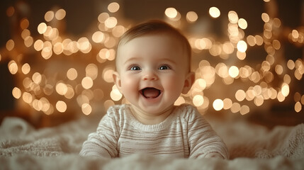 A cheerful baby with a bright smile sits on a soft surface surrounded by warm, glowing lights. The ambiance is cozy and inviting, perfect for capturing joyful moments.