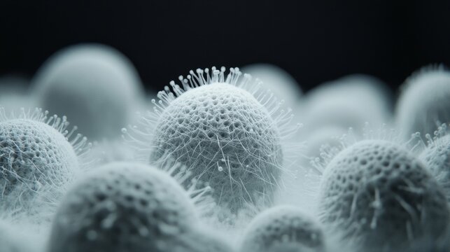 Close-up of spherical mold spores under a microscope. Detailed view of fungal structures with