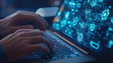 Close-up of hands typing on a laptop keyboard with holographic digital interface and blue glowing network graphics.