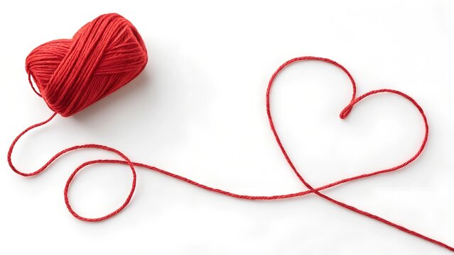 Creative heart shape made of red yarn with a ball of yarn on a white background