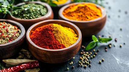 Variety of vibrant spices in rustic wooden bowls on a dark surface