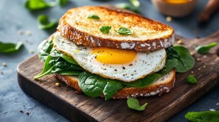 Delicious Spinach and Egg Sandwich on a Wooden Board