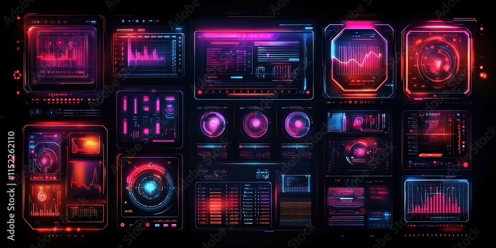Poster visual representation of complex data analytics in a futuristic digital interface with vibrant neon 