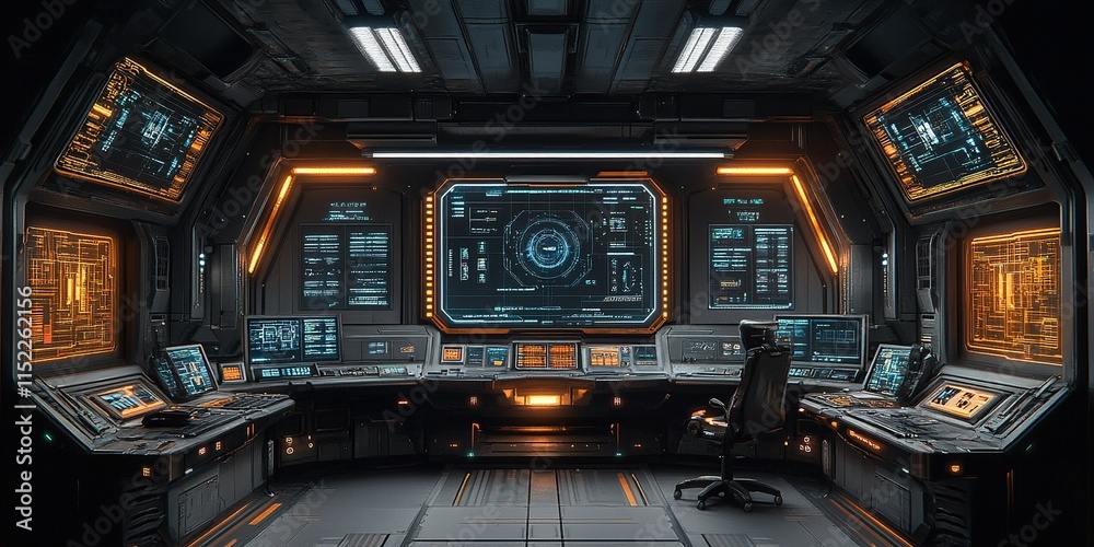 Poster high-tech control room with multiple screens displaying detailed data and futuristic interface desig