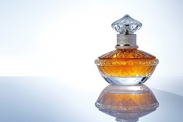 delicate vintage-inspired perfume bottle with ornate atomizer resting on reflective white background under bright light