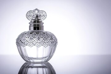 delicate vintage-inspired perfume bottle with ornate atomizer resting on reflective white background under bright light