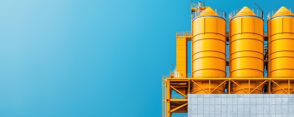 Bright yellow industrial silos with structural supports against a clear blue sky. Modern industrial architecture.