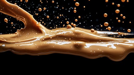 Close-up of splashing light brown liquid against black background.