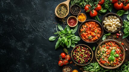 Fresh vegetables and herbs arranged with spices on a dark surface
