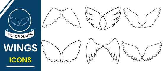 Wings icons, vector set. Bird, Angel wings icon vector set. Silhouette of wings vector. Line wings sign and symbol. Wings vector illustration.
