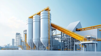 Obraz premium Exterior view of a modern industrial facility with large white storage silos and yellow conveyor systems under a clear sky.