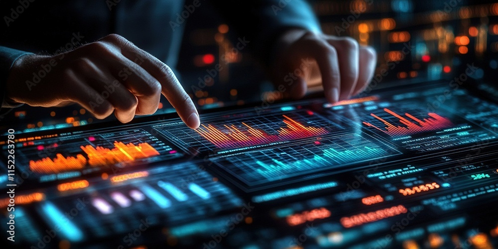 Poster hands interacting with a futuristic digital interface displaying data analytics and financial graphs