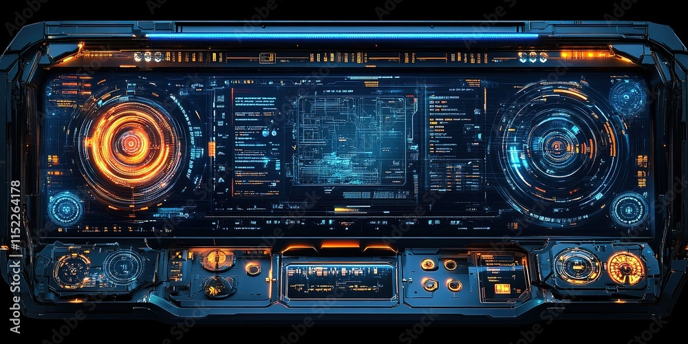 Poster high-tech control panel displayed with glowing interfaces and intricate data visualizations in a fut