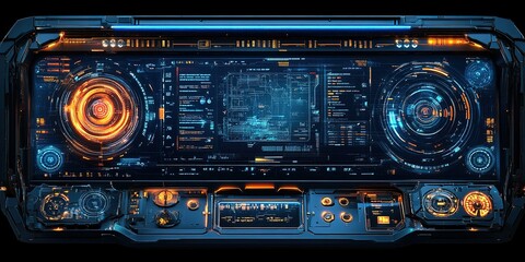 High-tech control panel displayed with glowing interfaces and intricate data visualizations in a futuristic setting