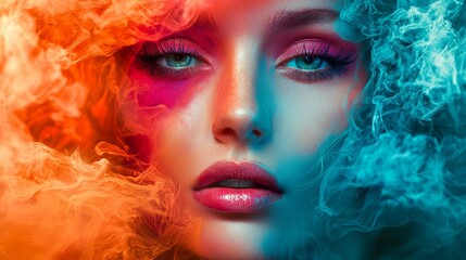 Fototapeta premium Colorful portrait of a woman with vibrant face paint and smoke