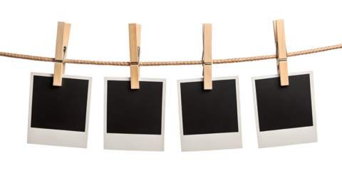Blank photo frames hanging on a rope with clothespins, white transparent background PNG