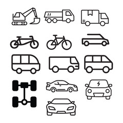 Set of vector vehicle icon with liner outline on white background 