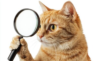 cat holding magnifying glass isolated on white background, png file with transparent background for photoshop collage of animals and pets, high resolution, 304x278 pixels, cat's face is large and prom