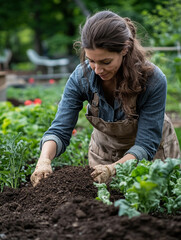 Woman gardening in her backyard on a sunny day
