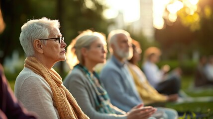 Naklejka premium Seniors meditating outdoors during sunset in tranquil park setting