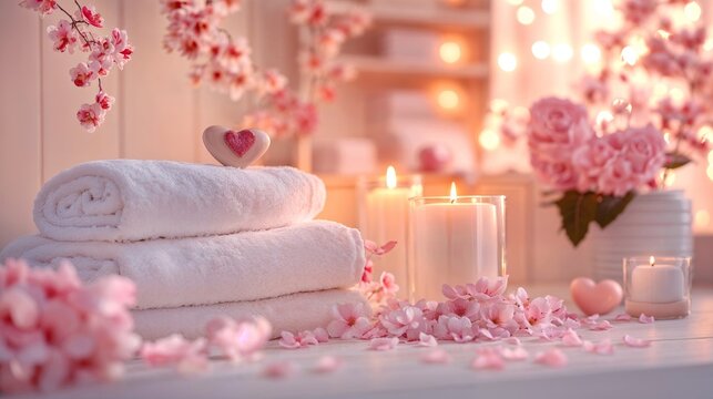 Luxury spa salon in light tones with candles, white towels, flower petals, and hearts, serene atmosphere for Valentine's Day relaxation