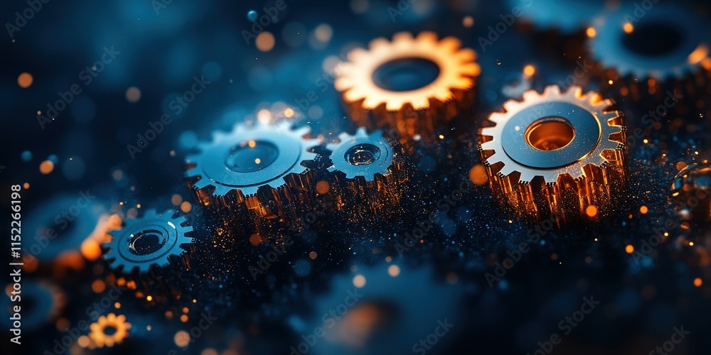 Poster intricate gears in a dynamic arrangement displaying metallic textures and intricate details in a clo
