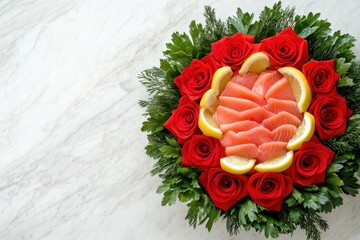 Fresh Salmon Fillet Beautifully Arranged with Lemon Wedges and Vibrant Herbs on a White Table, Accentuated by Soft Focus and Bright Lighting for Culinary Elegance