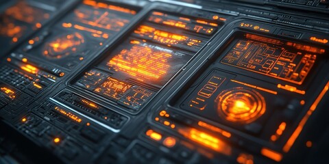 Futuristic digital interface with glowing orange elements showcasing data and technology in a dark environment