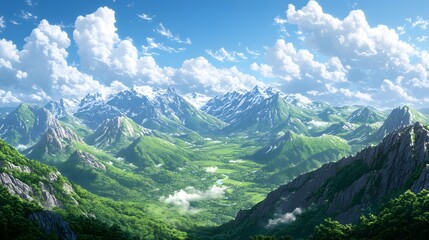 Breathtaking mountain landscape with lush greenery and towering peaks under a blue sky.
