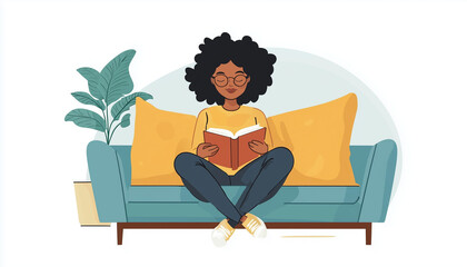 illustration of a person sitting cross-legged on sofa reading a book