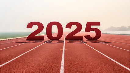 2025: The Year Ahead - A red running track symbolizes progress, the year 2025 represents the future, ambition, achievement, and new beginnings.  A hopeful vision for the coming year.